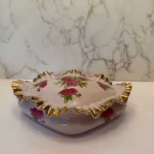 Vintage RIES Japan porcelain vanity lidded dish pink & gold hand painted flowers